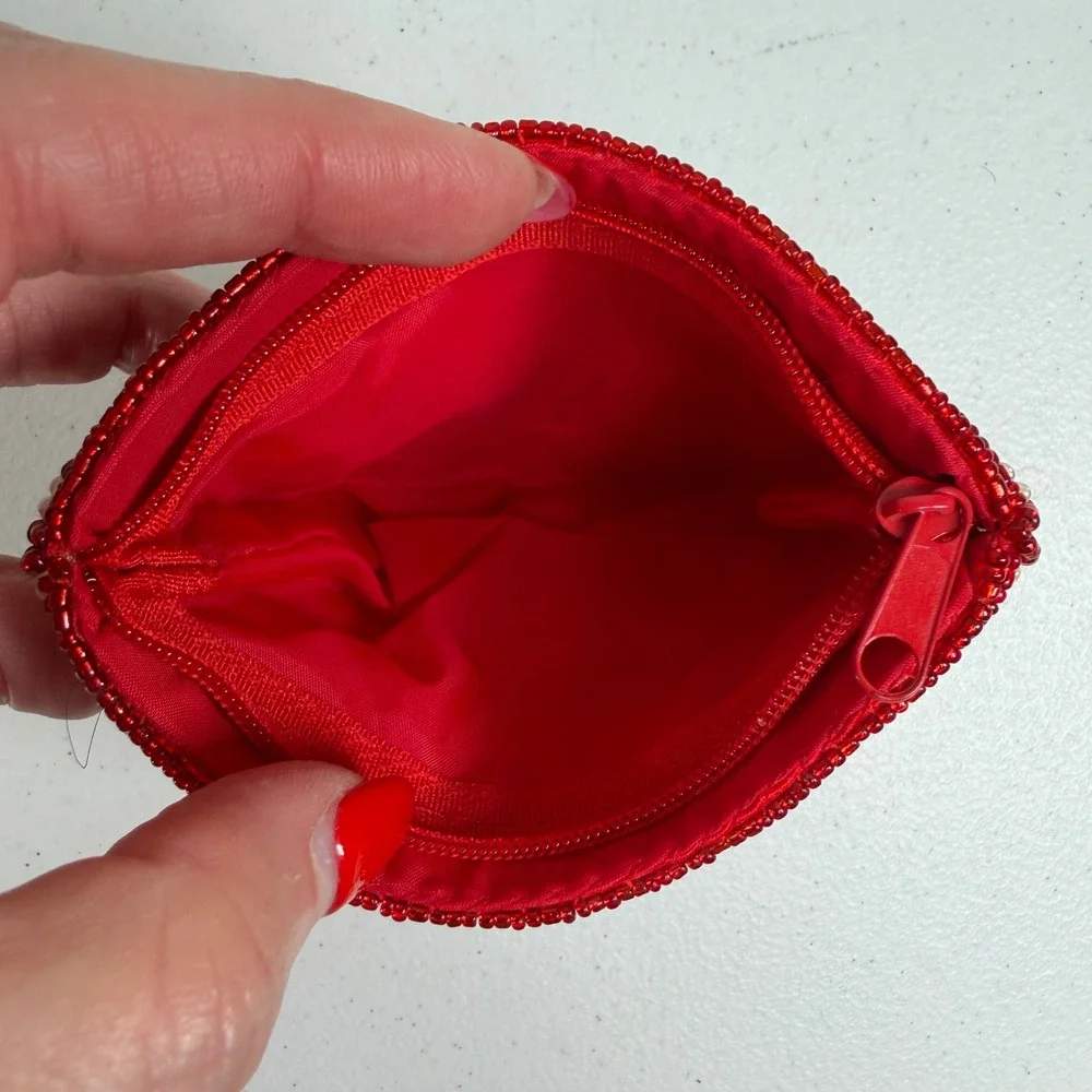 Vintage Coin Purse Plaid Beaded Red Tan White Black Zippered Card ID Pouch